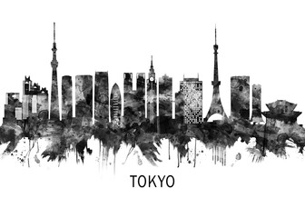 Naklejka premium Tokyo Japan Skyline BW, abstract painting travel poster urban landscape modern art downtown skyline illustration landmarks skyscrapers artwork architecture
