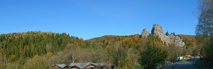 Fototapeta premium Panoramic view towards Tustan rocks near Urych village, Western Ukraine.