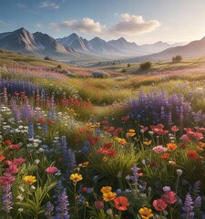 Obraz premium A sweeping vista of a meadow filled with a variety of colorful wildflowers , sunny day, nature's beauty, wildflowers