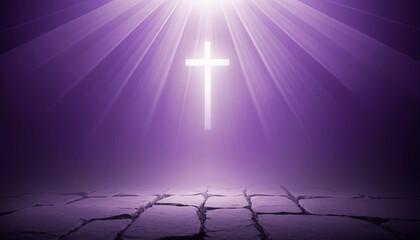 Fototapeta premium Illuminated white cross with rays of light for Lenten prayer concept