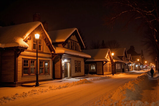 On a snowy night, there are many houses on the streets