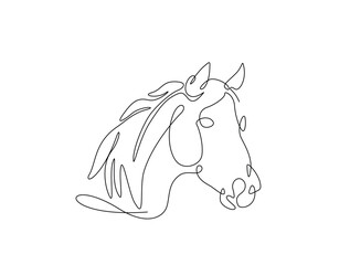 Continuous one line drawing of wild horse head. Stallion head single line art. Editable vector.