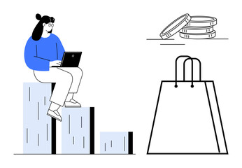 Woman sitting on stacked blocks using laptop, three coins, and large shopping bag outline. Ideal for business, finance, e-commerce, online shopping, technology investment economic growth. Line