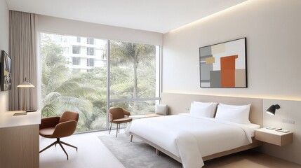 Fototapeta premium Modern hotel room with large window and minimalist design overlooking lush greenery