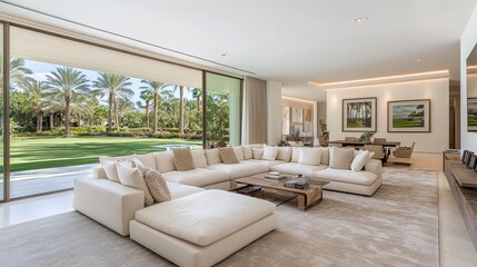 Modern Bright Living Room with Spacious Couch Overlooking Lush Garden and Palm Trees