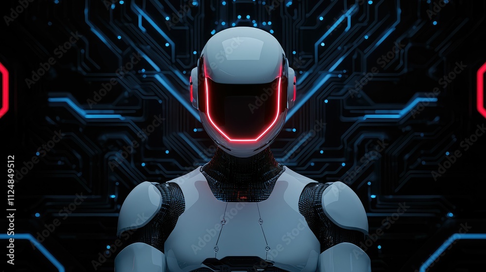 Wall mural futuristic robot in white and red helmet against a circuit board background.
