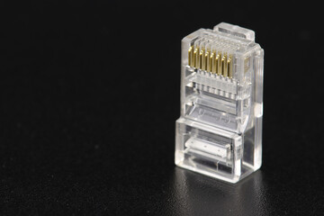 Rj45 connector for connecting a twisted pair cable. Data transmission over Ethernet.