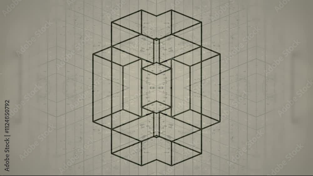 Poster Minimalist digital seamless loop animation with a symmetrical composition of gray geometric shapes on a light gray scratched surface. Optical illusion effect in orthogonal projection. 3d rendering 4K