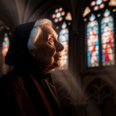 A woman wearing a black hooded robe is looking out of a stained glass window. The window is filled with colorful stained glass pieces, and the woman is looking at the sun shining through the window