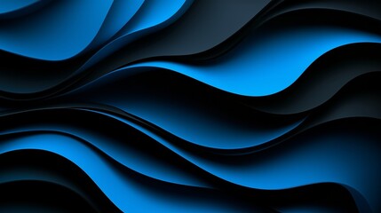 Abstract blue and black background with wavy shapes, paper cut, layered, 3D rendering.
