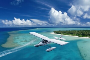 Airplane flying over a tropical island with clear blue waters and lush greenery