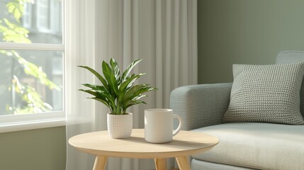 Cozy Living Room Scene with Plant, Coffee Cup, and Natural Light Streaming Through Window