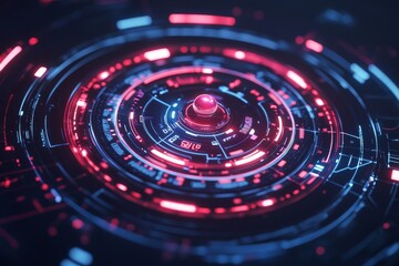 Fototapeta premium Futuristic technology interface displaying glowing red and blue digital patterns in a circular design with a central button