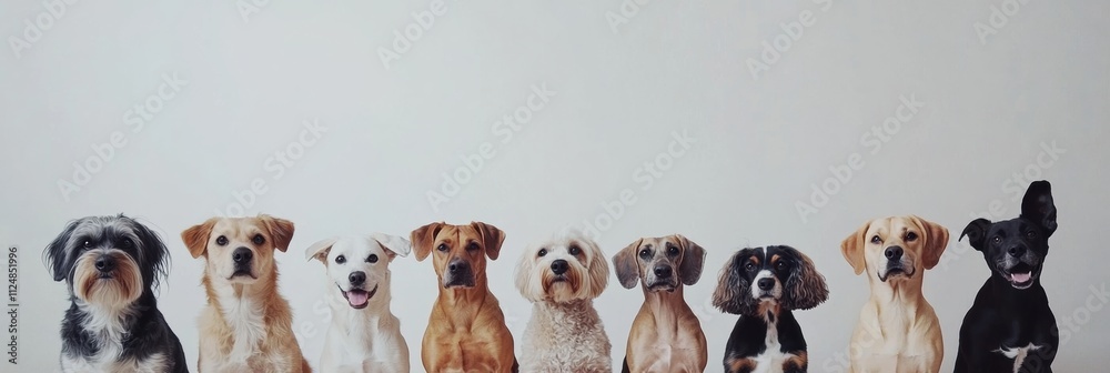 Fototapete a diverse group of dogs sits together, including several breeds and sizes, displaying their joyful e
