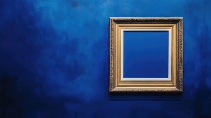 An antique art fair gallery frame on a royal blue wall at a museum or auction house. A blank template with white copyspace for a prototype design.