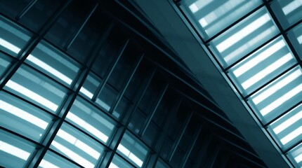 Modern Architectural Design: Abstract view of a sleek, modern building's glass facade, showcasing intricate lines, geometric patterns, and the interplay of light and shadow.