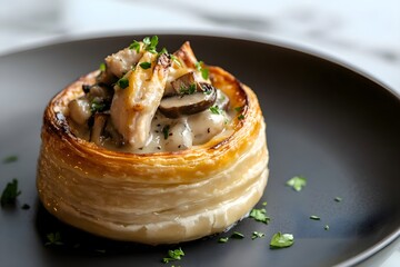 A golden French vol-au-vent filled with creamy chicken and mushrooms on a dark plate, set on a veined marble countertop under soft, elegant lighting
