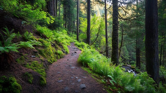 Serene journey along a lush forest path pacific northwest nature scene tranquil environment ground perspective exploring the way