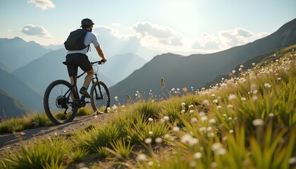 Fototapeta premium Cyclist Man Riding Electric Mountain Bike Outdoors.