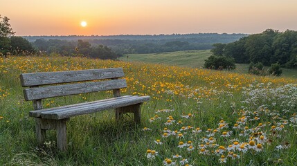 Naklejka premium Tranquil Sunrise View Over Flower Field with Wooden Bench in Serene Landscape Setting