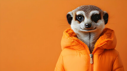 Curious meerkat wearing a bright orange jacket against a vibrant bright orange background, perfect for tech branding, creative campaigns, and innovative product promotions