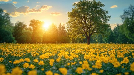 Obraz premium Scenic Landscape with Vibrant Yellow Flowers Under Bright Sunlight and Tree in Green Field