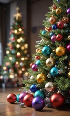 Colorful Christmas tree decorated with glass balls and tinsel, winter, festive, ornament