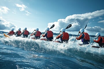 Kayakers navigate choppy waters during a group training session in a scenic coastal area