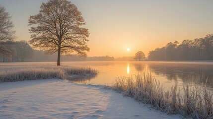 Serene Winter Sunrise Over Frosty Lake With Bare Trees and Soft Reflections in Water