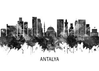 Obraz premium Antalya Turkey Skyline BW, abstract painting travel poster urban landscape modern art downtown skyline illustration landmarks skyscrapers artwork architecture