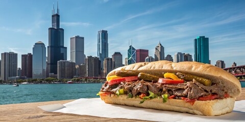 Captivating Double Exposure of Homemade Chicago Italian Beef Sandwich with Juicy Ingredients and City Skyline Backdrop for Culinary Delights