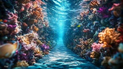 Obraz premium Underwater journey through a coral pathway vibrant ocean nature photography serene viewpoint marine life concept