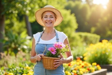 A woman stands in a colorful garden filled with blooming flowers, holding a wicker basket adorned with bright flowers. Sunlight filters through the trees, creating a warm and cheerful atmosphere.