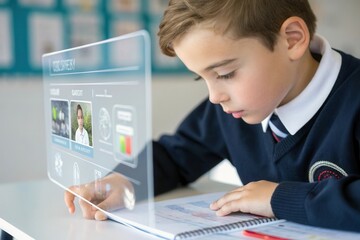 A young boy wearing a school uniform focuses intently on a digital interface while participating in an interactive learning experience at his classroom desk. He writes notes as educational content dis