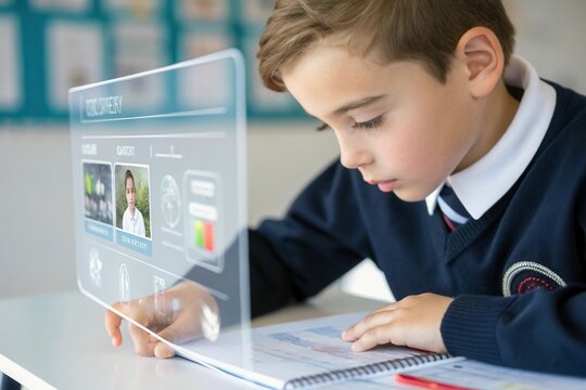 A young boy wearing a school uniform focuses intently on a digital interface while participating in an interactive learning experience at his classroom desk. He writes notes as educational content dis