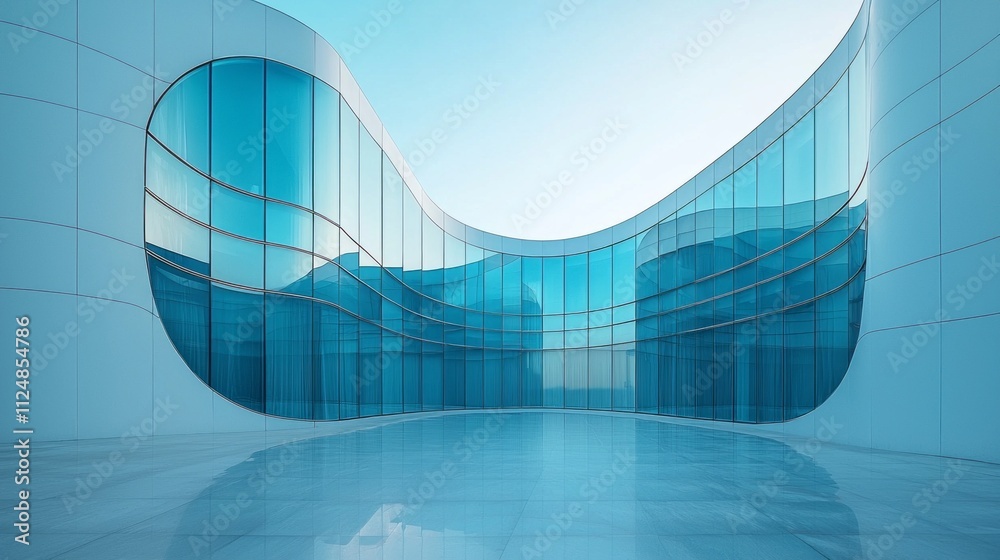 Poster a striking modern structure features a flowing glass facade, harmoniously blending with the serene b