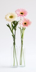 Obraz premium Two vases of flowers, one of which is pink and the other white. The flowers are in full bloom and are arranged in the vases. The vases are placed next to each other, creating a sense of harmony