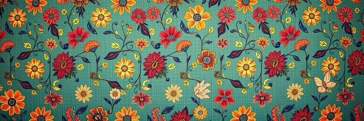 Colorful floral pattern with retro vibe featuring vibrant blooms in shades of pink, orange, blue, and green on a light background, wallpaper, fashion