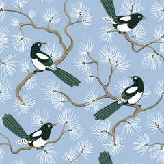 Vector magpie bird seamless pattern on light blue background. Elegance natural print design for fabric, wrapping paper or wallpaper. Animal illustration.
