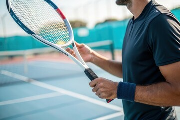 Male tennis player holding racket on outdoor court.