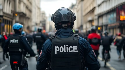 Police officers in protective gear patrolling urban streets during protest