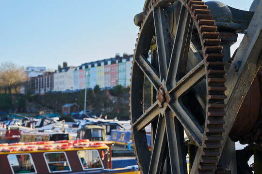 Pleasure Boats Moored In Dock  In Redcliffe Area Of Bristol UK With Old Fashioned Rusty Winch In Foreground