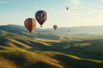Obraz premium Colorful hot air balloons floating over rolling hills at sunrise in tuscany.