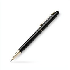 Elegant Ballpoint Pen in Black with Chrome Accents on White Background, Photorealistic Ink Details