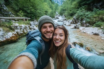 Smiling young caucasian couple hiking by river in forest.