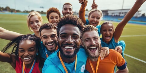 Diverse young adults celebrating together at sports event.