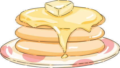 vector illustration of stack of pancakes with butter and poured maple syrup, for breakfast symbol, cute sticker and doodle for kids, isolated on transparent background 