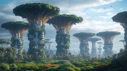 Futuristic forest with colossal bioluminescent trees.