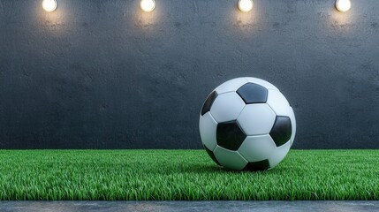 Obraz premium Soccer Ball on Green Grass with Decorative Lights in a Dark Setting