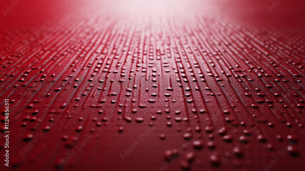 Poster Water droplets creating textured pattern on red surface with light beams